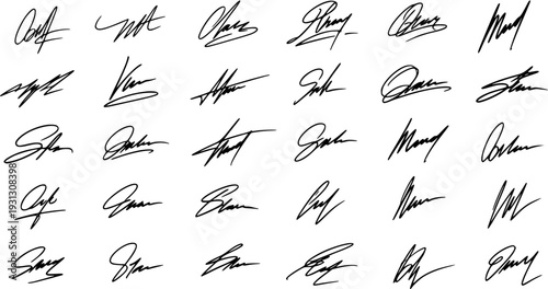 Collection of diverse handwritten signatures. Various abstract autographs for identity, authorization, and stylish design. Black on white.