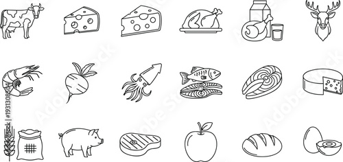Protein rich food line icon set with meat, fish, dairy, seafood and farm products symbols