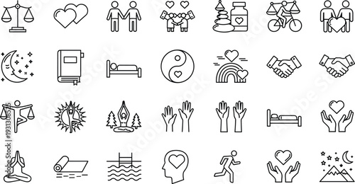 Lifestyle and relationship line icon set with love, balance, meditation and family symbols