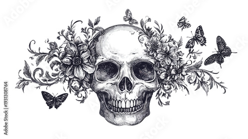 Skull Surrounded by Flowers and Butterflies in Nature