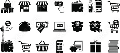 Online shopping and ecommerce silhouette icon set with cart, wallet, buy button and package symbols