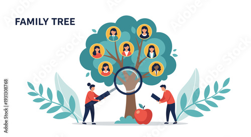 Family tree genealogy research concept with people using a magnifying glass to explore their ancestral history and heritage.