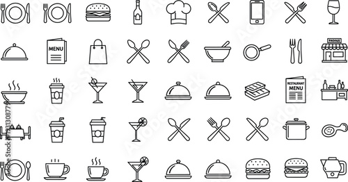 Restaurant menu and dining line icon set with food, drinks, utensils and kitchen symbols