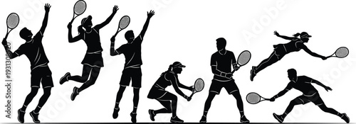 Black tennis player silhouettes set, vector athlete icon collection performing various action shots and serves, sports competition isolated on white background, symbol
