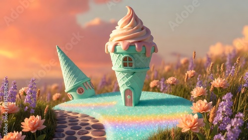 Mint green ice cream cone tower in a spring flower field. Sweet nature and pastel landscape. Waffle cone building standing on a rainbow glitter path during a warm sunset