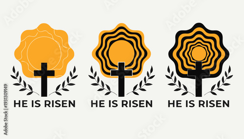 Easter resurrection cross with glowing sunburst and olive branches minimalist illustration