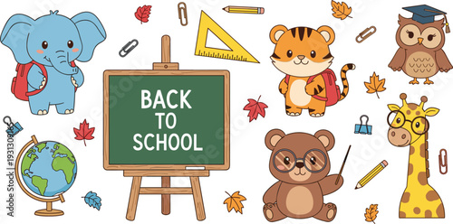 Back to School Illustration with Cute Animals, School Supplies, and Educational Elements for Kids' Learning