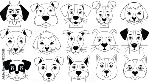 A collection of various cartoon animal faces, including dogs and cats, drawn in black and white.