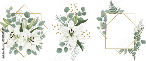Elegant White Lily and Greenery Floral Arrangements with Geometric Gold Frames for Botanical and Wedding Designs