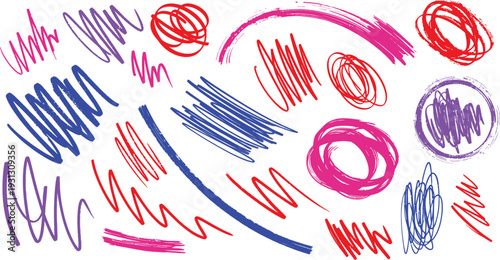 A colorful abstract illustration of various scribbles and swirls in red, blue, and purple hues on a white background.