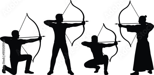 Black archery silhouettes set, vector archer icon collection performing various shooting poses with bow and arrow, sports athlete isolated on white background, symbol