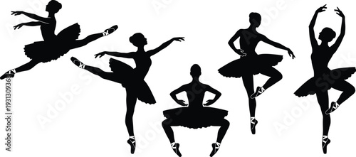 Black ballet dancer silhouettes set, vector ballerina icon collection performing classical dance poses in tutus, artistic feminine grace isolated on white background