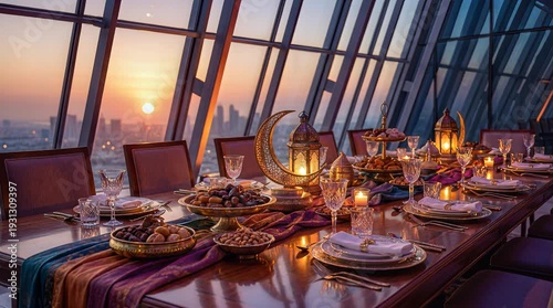 Table Setting in Elegant Sunset Dining Room at Rooftop