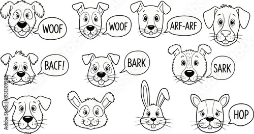 A black and white illustration of various animal faces with speech bubbles