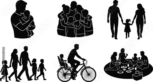 Black family silhouettes set, vector illustration of parents and children walking, cycling, hugging, and enjoying a picnic together, isolated on white background