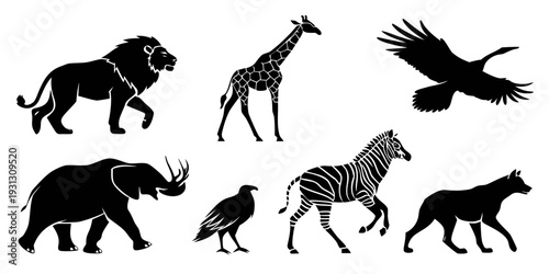 A diverse collection of african wildlife silhouettes against a white background