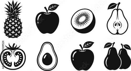 Black fruit silhouettes set, vector apple pineapple kiwi and pear icon collection for healthy food design, organic product isolated on white background