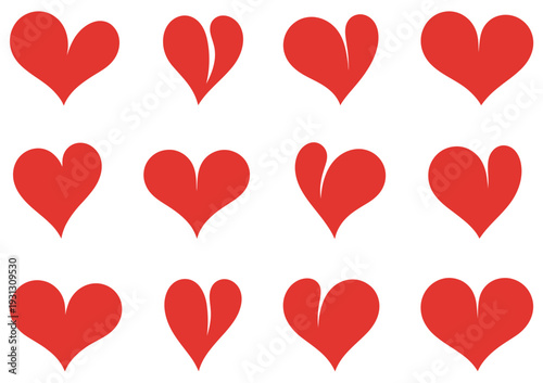Red Heart Icons Set with Different Shapes, professional vector pack showing various heart designs, romantic, love, and Valentine icons, flat vector illustrations ideal for apps, web, greeting cards,