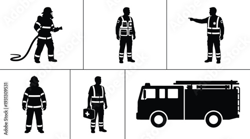 Black emergency responder silhouettes set, vector firefighter and paramedic icon collection for rescue service design, fire truck isolated on white background, symbol