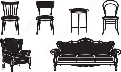 Black furniture silhouettes set, vector chair and sofa icon collection for interior home design, wooden table and armchair isolated on white background