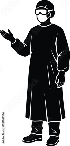 Black medical silhouette of surgeon in protective gown with mask and goggles, vector healthcare professional isolated on white background for hospital design