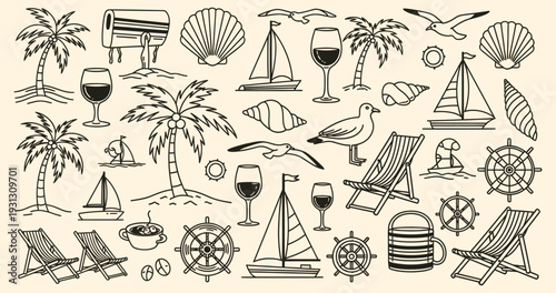 A collection of beach icons and symbols in a simple line drawing style