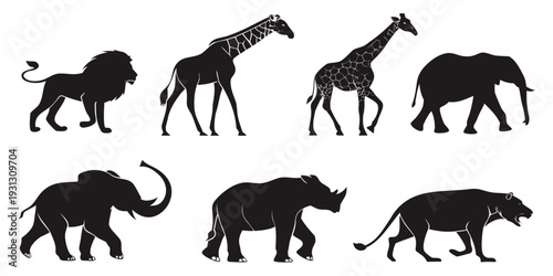 A diverse collection of african animals in silhouette form showcasing their unique shapes and sizes