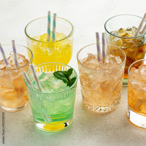 Trendy colorful cocktails with ice for social media content