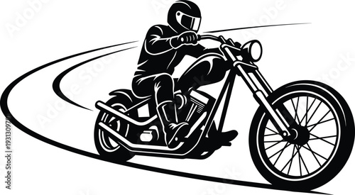 Black motorcycle silhouette vector illustration, biker riding chopper motorbike on curved road, motorcycling adventure and extreme speed sport icon isolated on white