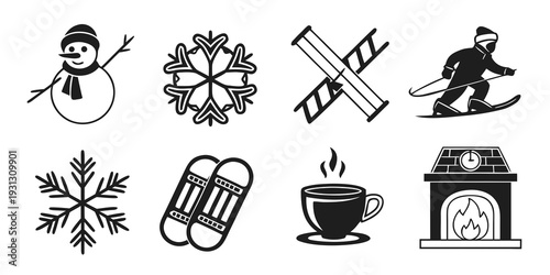 Winter activities and cozy moments depicted in a series of icons