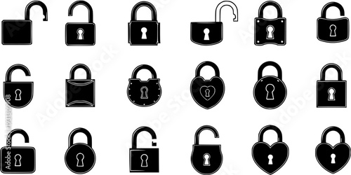 Collection of Black Padlock Icons: Open, Closed, Heart-Shaped, and More
