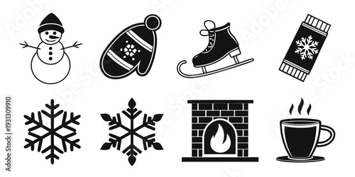 Illustrations of winter activities, objects, and weather conditions