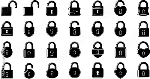 Collection of 49 Black Padlock Icons: Open, Closed, Heart, and Classic Designs