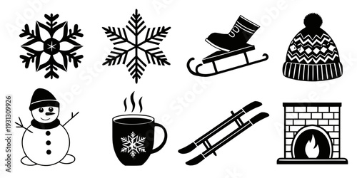A collection of winter-themed icons featuring snowflakes, winter sports, and warm beverages