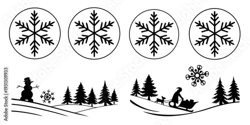 A detailed illustration of snowflakes and a winter landscape with trees and mountains.