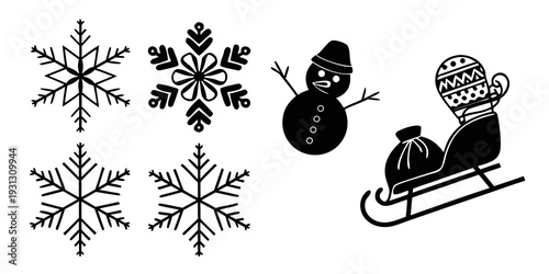 A charming winter scene featuring snowflakes, a snowman, and a sled