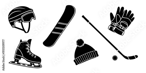 A collection of ice hockey equipment including skates, helmet, gloves, stick, and puck