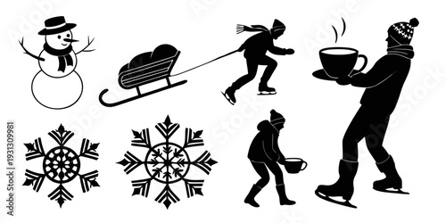 Winter activities and symbols showcasing various snowy pastimes and icons