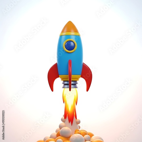 A cartoon rocket ship blasting off into the sky