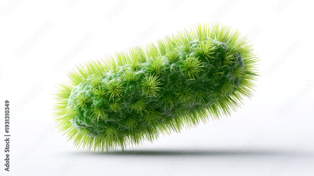 Fototapeta premium Green fuzzy microbe isolated on white studio background