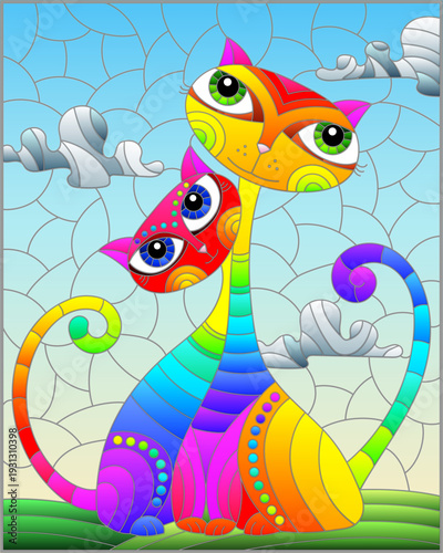 Illustration in stained glass style with a pair of abstract geometric rainbow cats on a blue background with sun