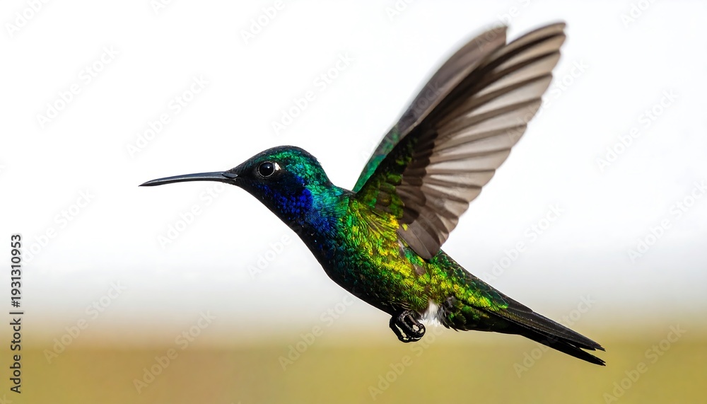 Obraz premium Vibrant hummingbird mid-flight, wings blurred, isolated pure white background. 