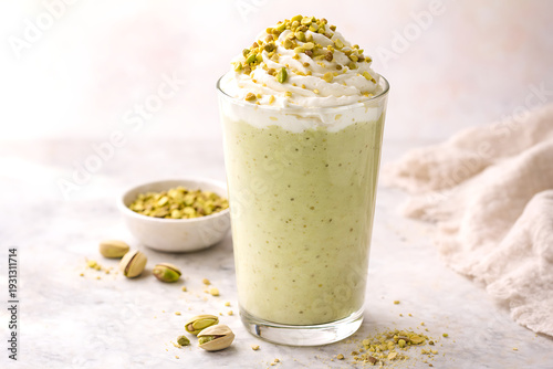 Tall glass pistachio smoothie with whipped cream and nut crumble, pastel background, bright natural light