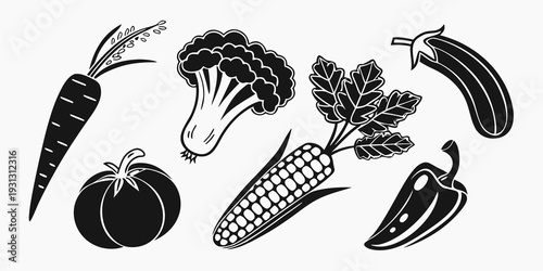 Assorted vegetables illustrated in a charming black and white line art style
