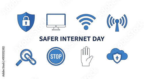 Blue and white graphic icons for Safer Internet Day arranged in two rows