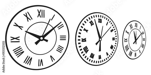 Three vintage clocks displaying different times in a row