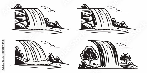 Four distinct illustrations of waterfalls cascading down rocky cliffs.