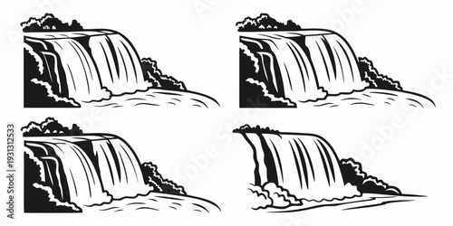 Four distinct illustrations of waterfalls with varying designs and styles