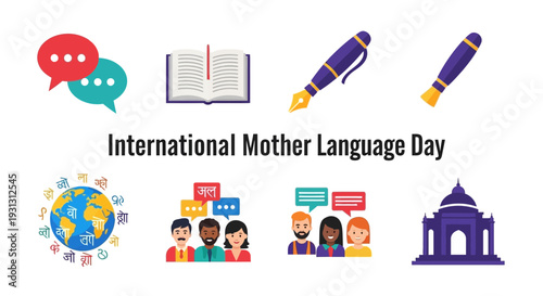 Graphic collage for International Mother Language Day with text icons of communication pens globe people and architecture