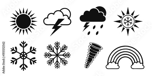 A collection of weather icons featuring sun, clouds, rain, snow, and more.